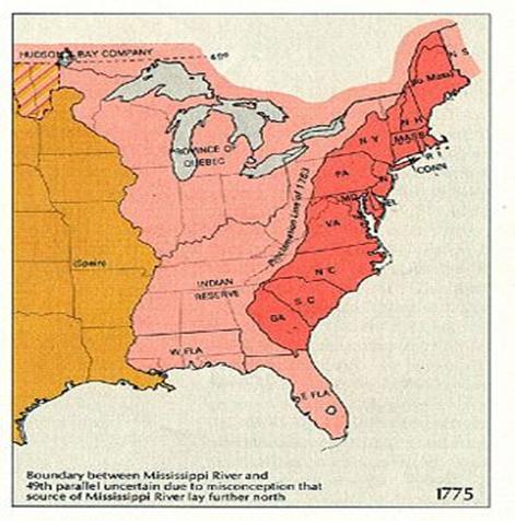 In 1775, the British claimed authority over the red and pink areas on this map and Spain ruled the orange. The red area is the area of the 13 colonies open to settlement after the Proclamation of 1763.